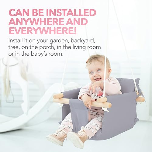 Miniatura 22 de CaTeam - Columpio de lona para bebé, silla colgante de madera con cinturón de seguridad, columpio duradera para bebé, columpio para exteriores e