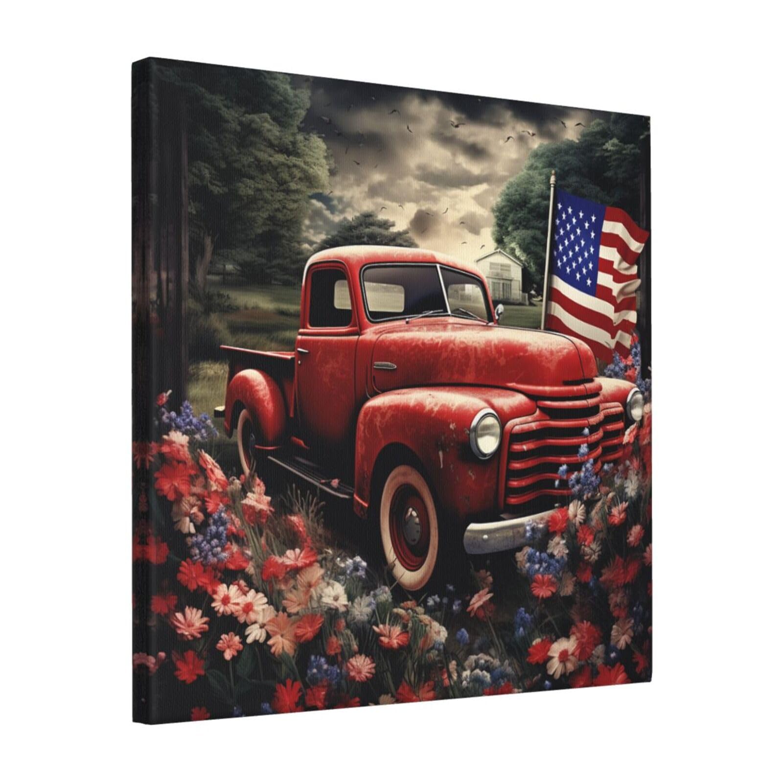 KLOPH 4th Of July Patriotic Old Red Truck Canvas Wall Art for Living Room 16"x16" Modern Artwork Painting for Bathroom Hanging Canvas Prints Aesthetic Wallart for Bedroom Kitchen Office Wall Decor