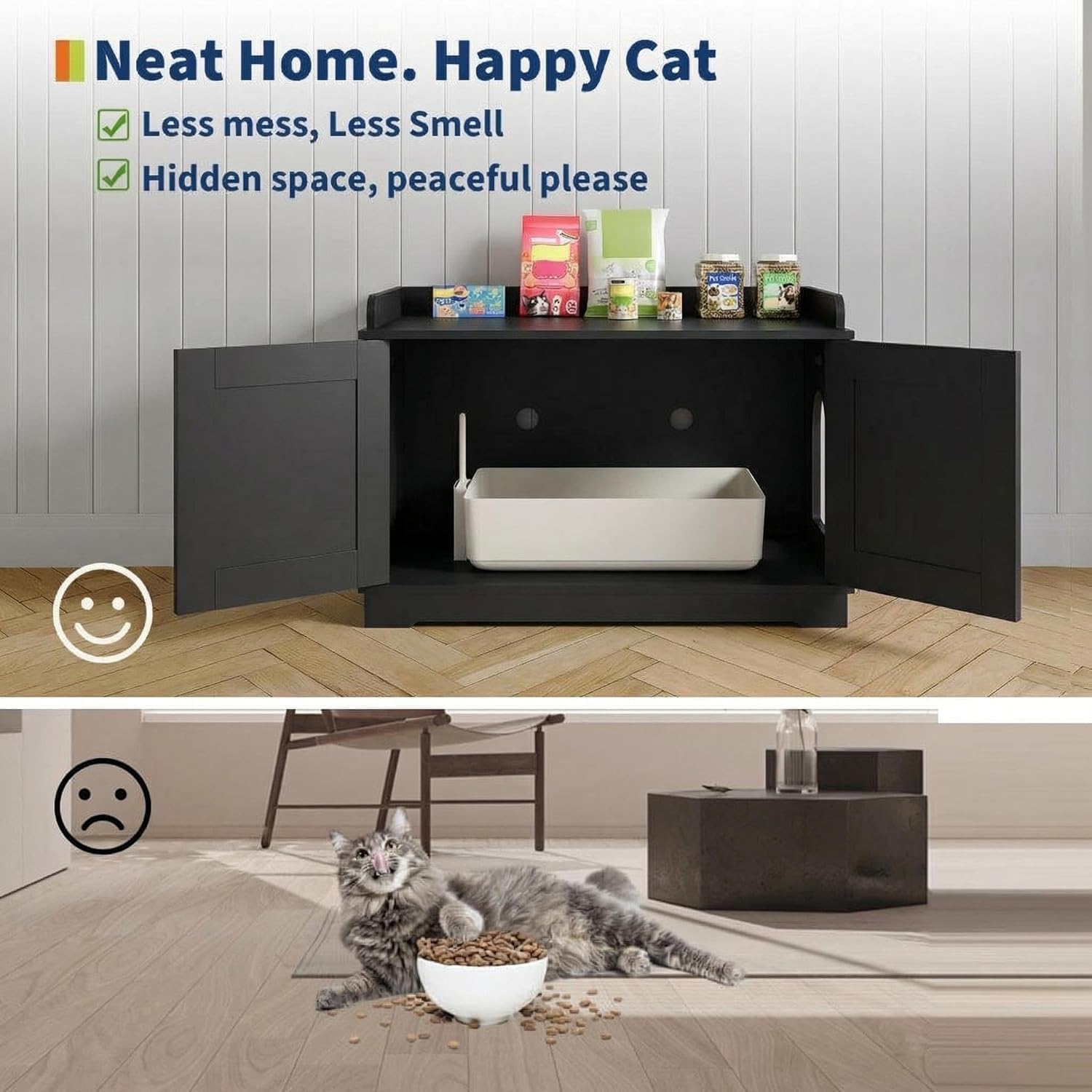 Cat Litter Box Enclosure Furniture with Barn Door & Display Shelf, Wooden Hidden Litter Box Cover, Dog-Proof Design for Multiple Cats, Modern Cat House Furniture to Fit Most Litter Boxes - Black