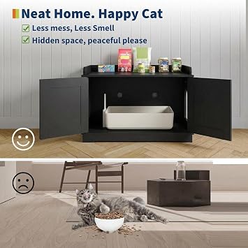 Cat Litter Box Enclosure – Hidden Litter Box Furniture with Cosy Perch, Fits Most Standard Litter Trays, Pet Washroom Furniture for Hallway, Bedroom & Living Room, 80 x 53 x 50 cm – Black