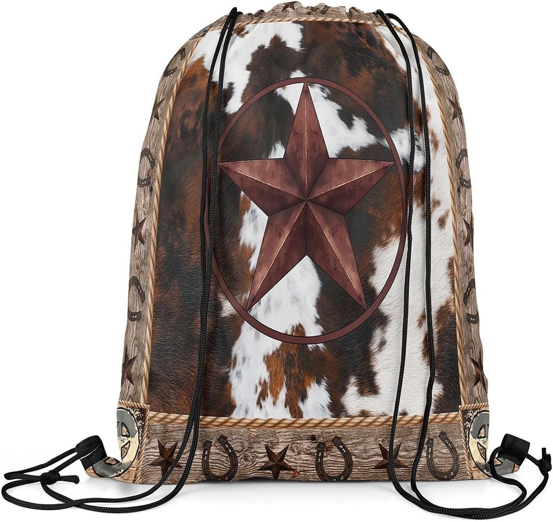 Castle Fairy Western Texas Star Drawstring Gym Bag,Vintage Wooden Foldable Waterproof Drawstring Backpack,Rustic Farmhouse Cowhide Brown Retro Draw String Back Bags for Shopping,Swimming,Beach,Brown