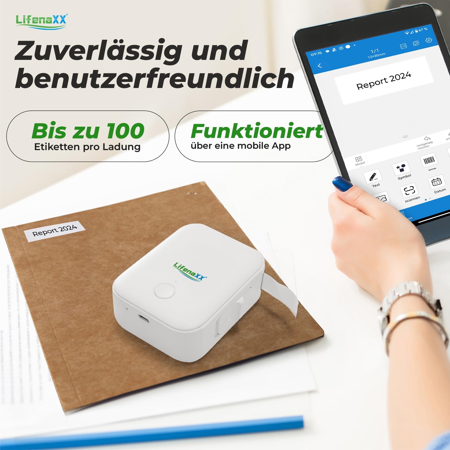 Lifenaxx Tragbarer Thermodrucker mit Etiketten LX-048 - Drahtloses, appbasiertes Drucken, USB-C wiederaufladbar, 1000 Etiketten pro Ladung - Mini-Tintenloser Etikettendrucker für Zuhause & Büro