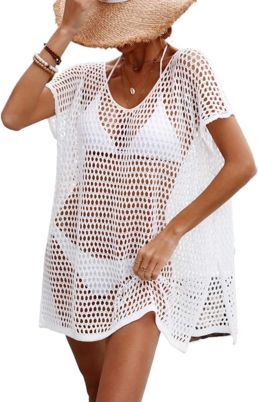 swimsuit coverup for women Short Sleeve Beach Hollow Out Slit Hem Cover Up Dress