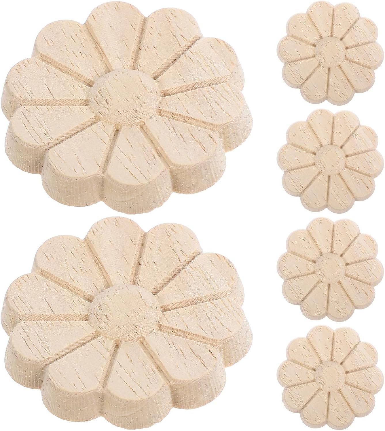 6pcs Round Wood Carved Applique Onlays for Cabinet and Furniture, Unpainted Khaki Wood Flower Decals, Easy to Install Versatile Cabinet Accessories for Kitchens and Home Decor