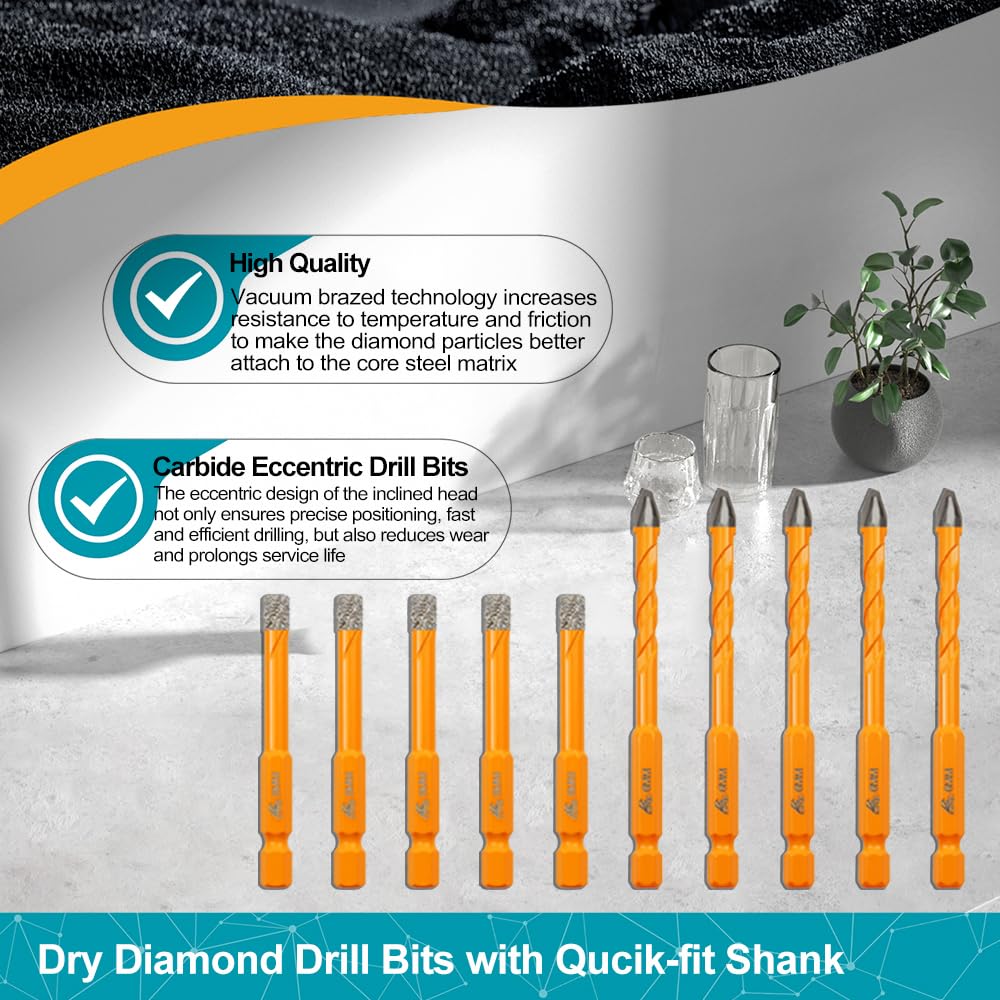 EXFEIN Diamond Tile Drill Bits and Carbide Masonry Drill Bits 10pcs/set - Image 3