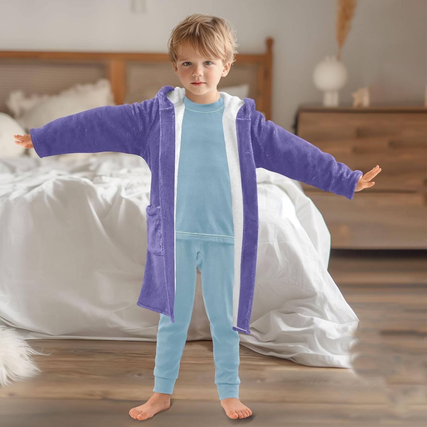 ODAWA Dark Slate Blue Kids Bathrobe, Soft Plush Hooded Towel Robe for Boys Girls, Quick Dry Absorbent Swimming Bath Wrap
