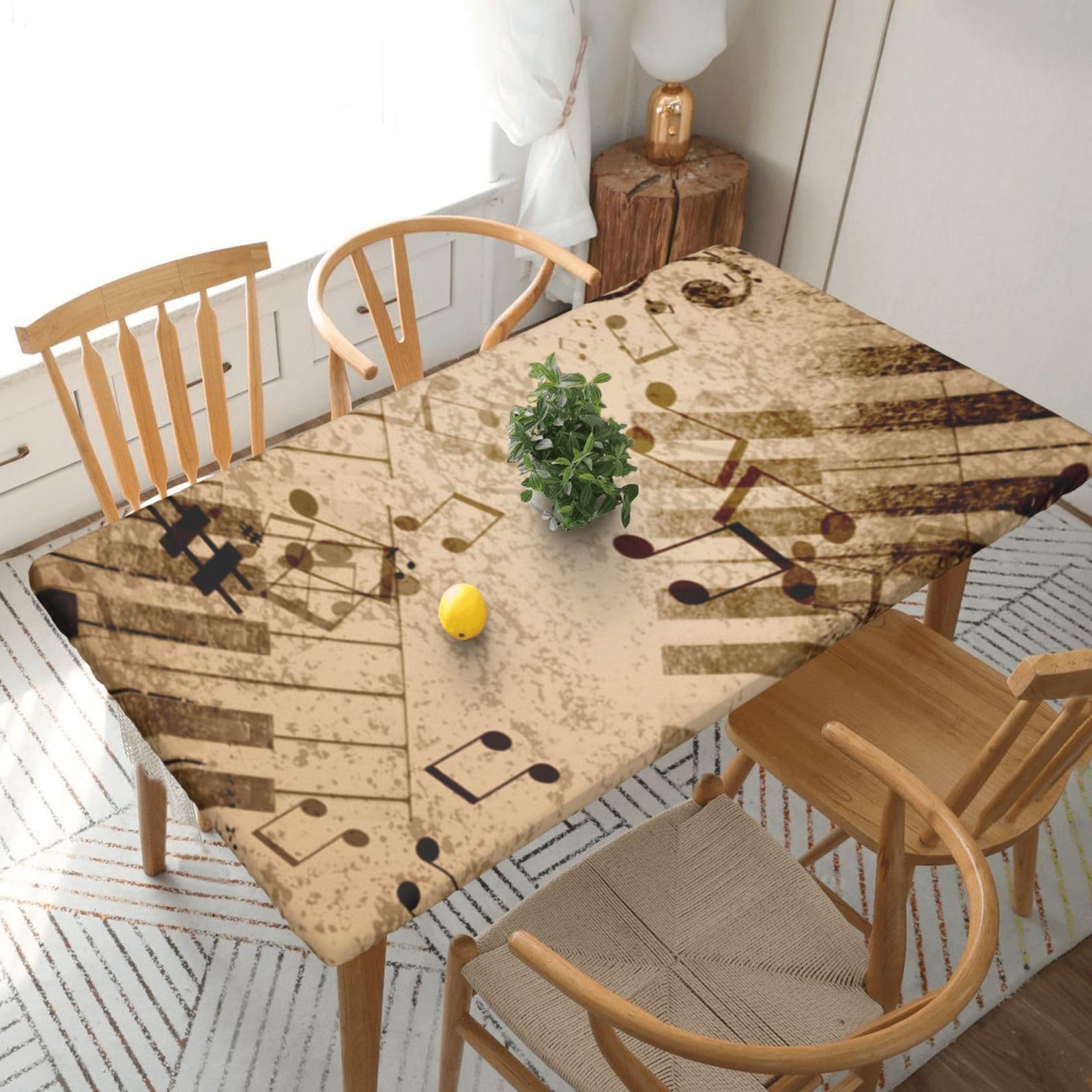 DCEHGEW Elastic Fitted Rectangle Tablecloth for 5ft Tables, Music Note Printed Oilproof & Washable Fabric Picnic Table Cloth Table Covers