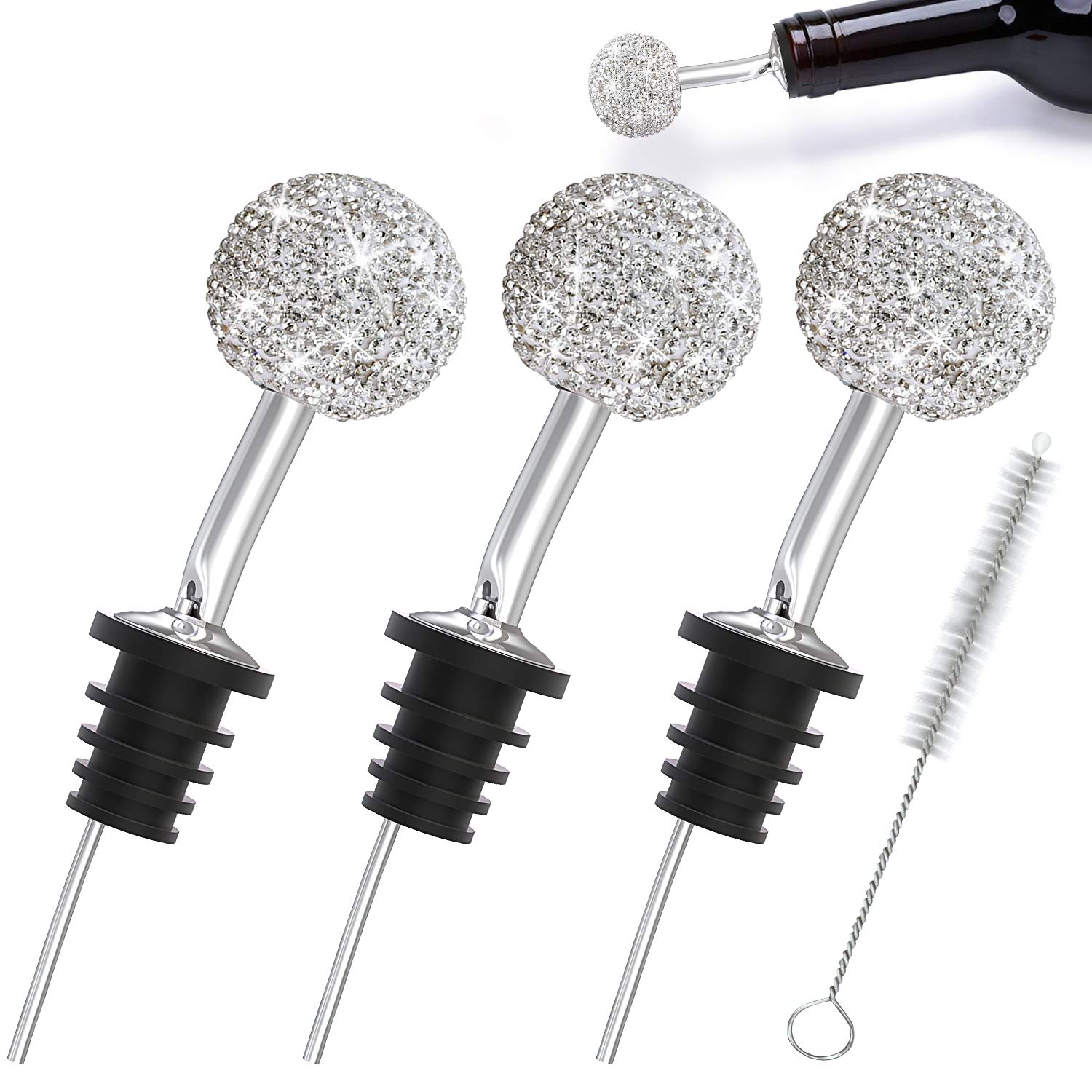 TitaCare 3pcs Luxury Crystal 2 in 1 Wine Pourer and Stopper, Decoration for Gifts, Bar, Holiday Party, Wedding, with a Brush