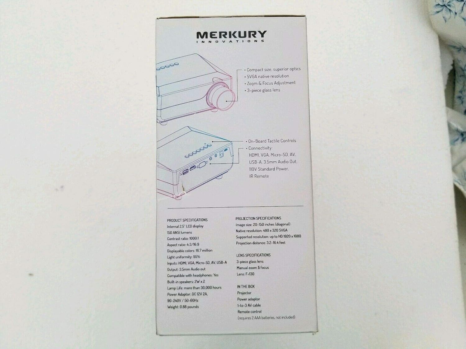 Top-down view of Merkury Innovations Lumense One Projector showing input ports