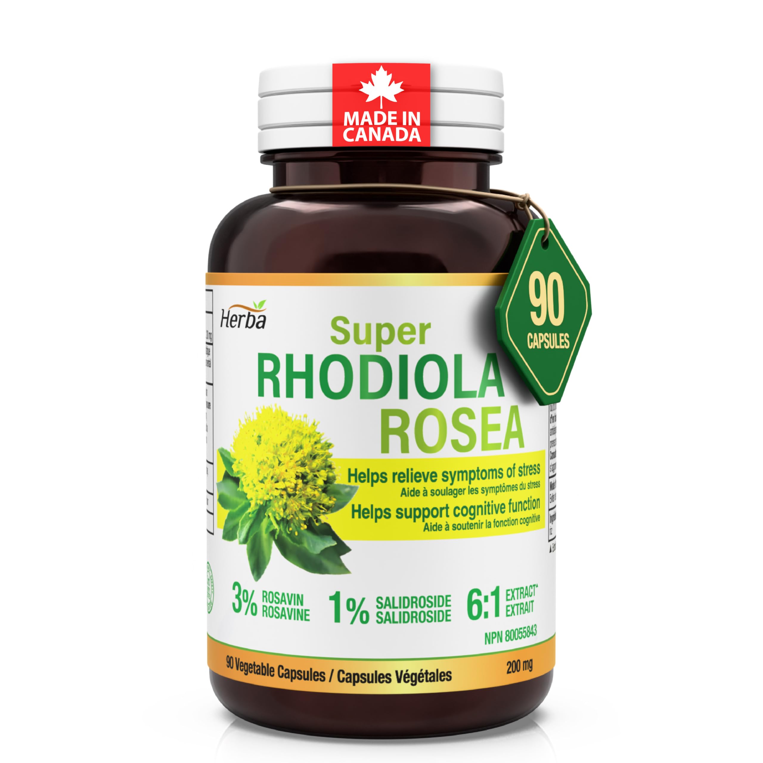 Herba Rhodiola Rosea Supplement 200mg - 90 Capsules | 6:1 Extract | Rhodiola Supplement with Min 3% Rosavins and 1% Salidrosides | Help Relieve Symptoms of Stress | Made in Canada