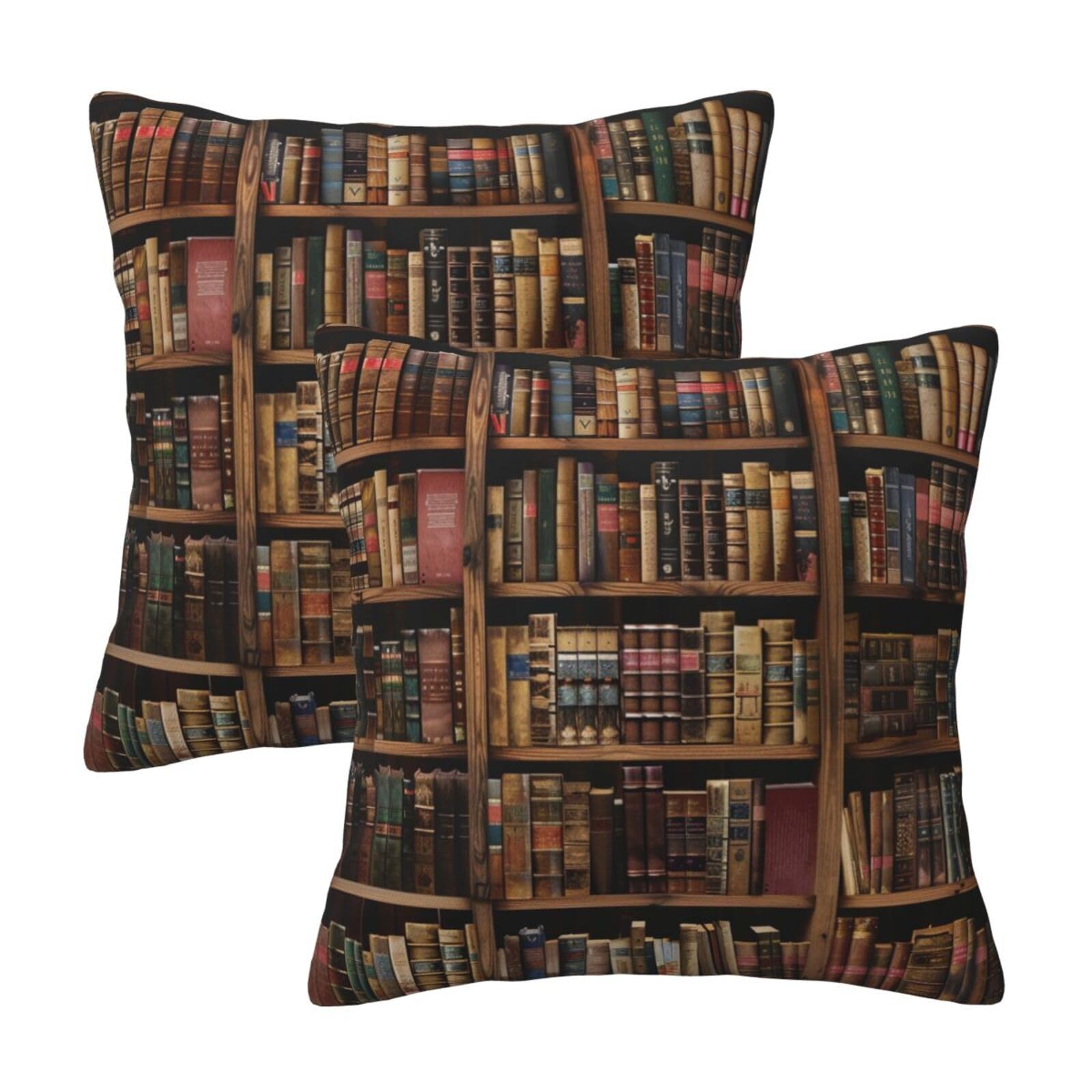 WPUTY Library Bookshelf Book Printed Throw Pillow Covers Set of 2 Pcs, 45x45 CM, All-Season Modern Pillow Cases for Car, Office Home and Bedroom Decor