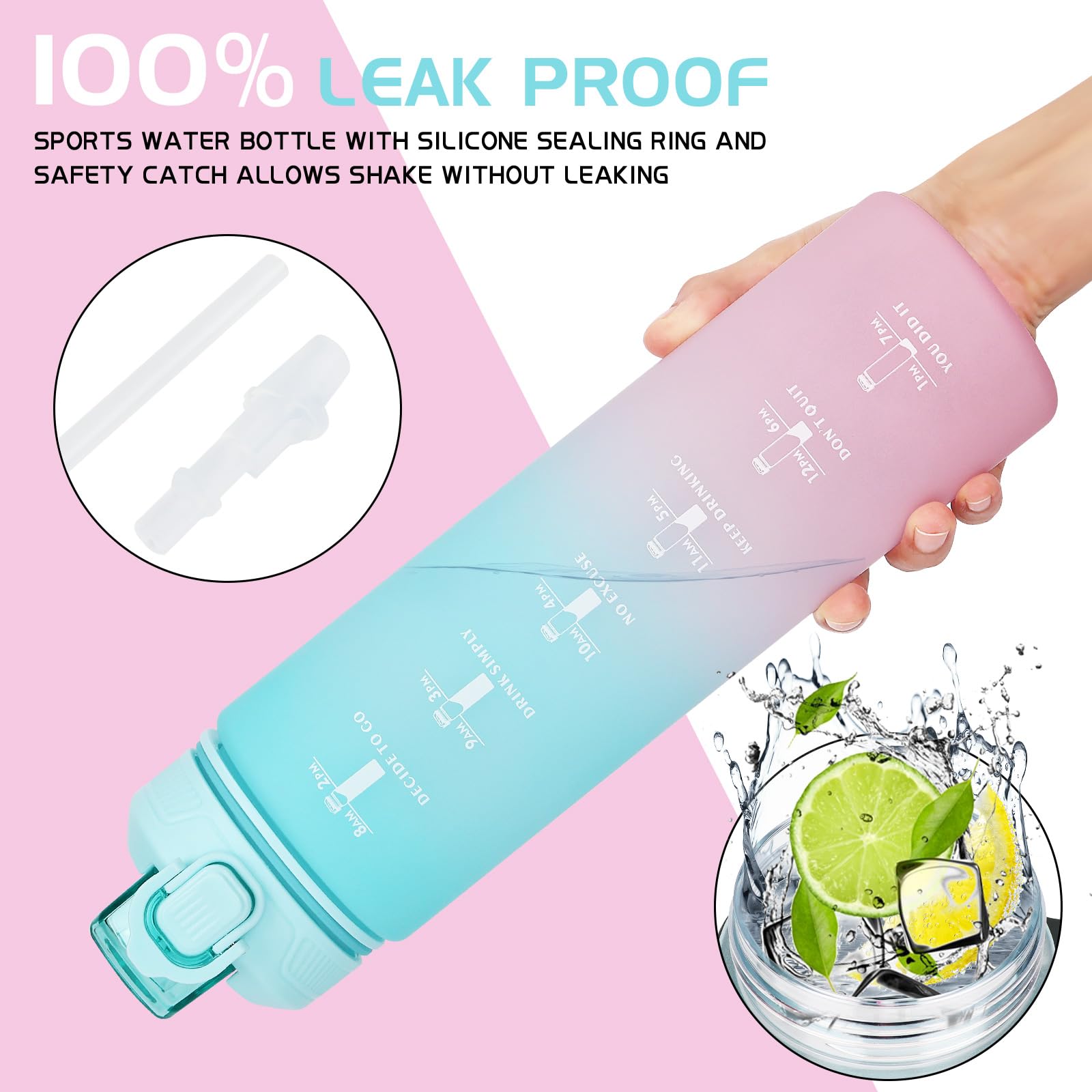 CodiCile Borraccia sportiva da 1 l, con cannuccia e tacche orarie, verde e rosa