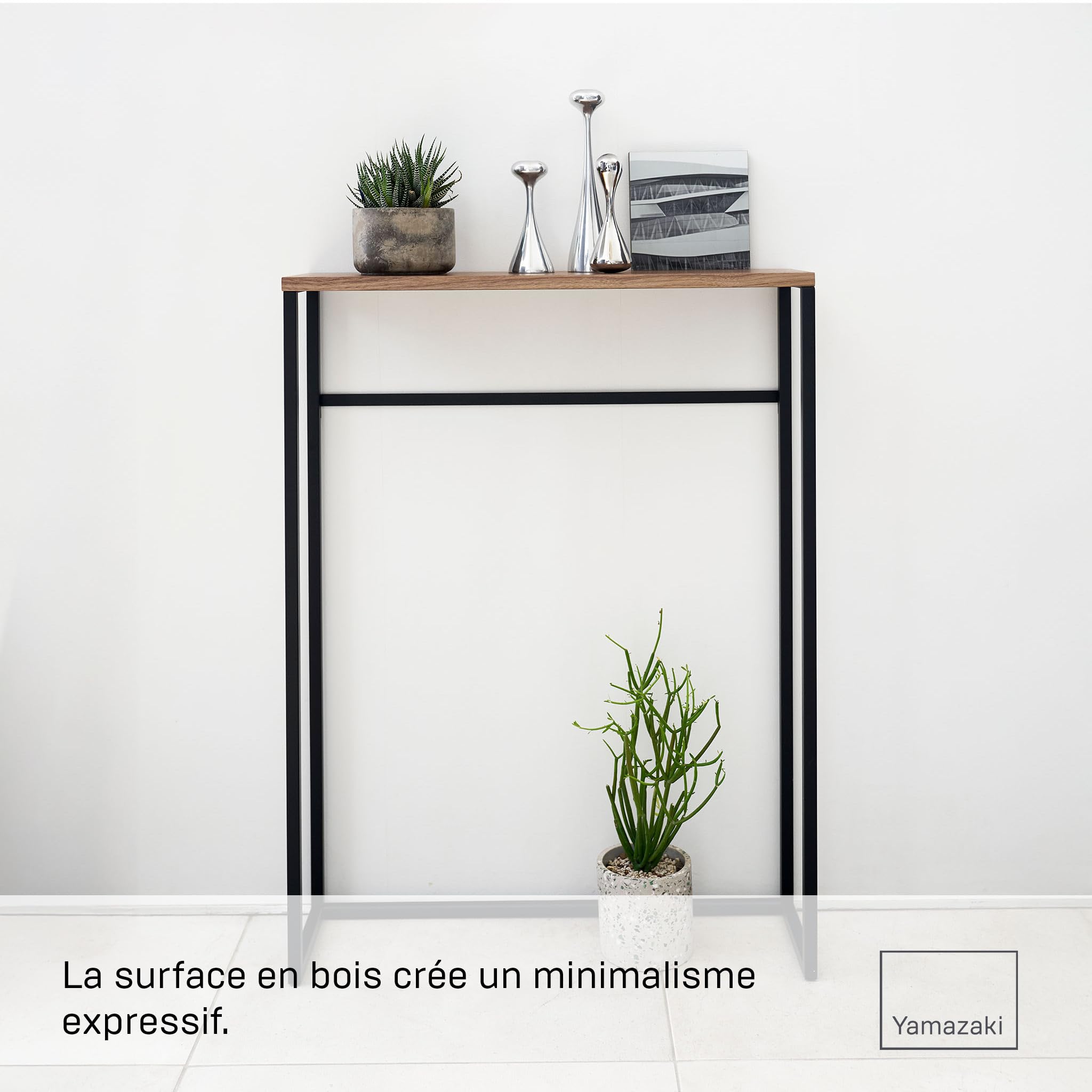 YAMAZAKI Tower Console d'entrée, en Acier avec Plateau en Bois - pour Couloir, Table de Salon, Fine et étroite - 60 x 18,5 x 80,5 cm, Design Japonais, Noir