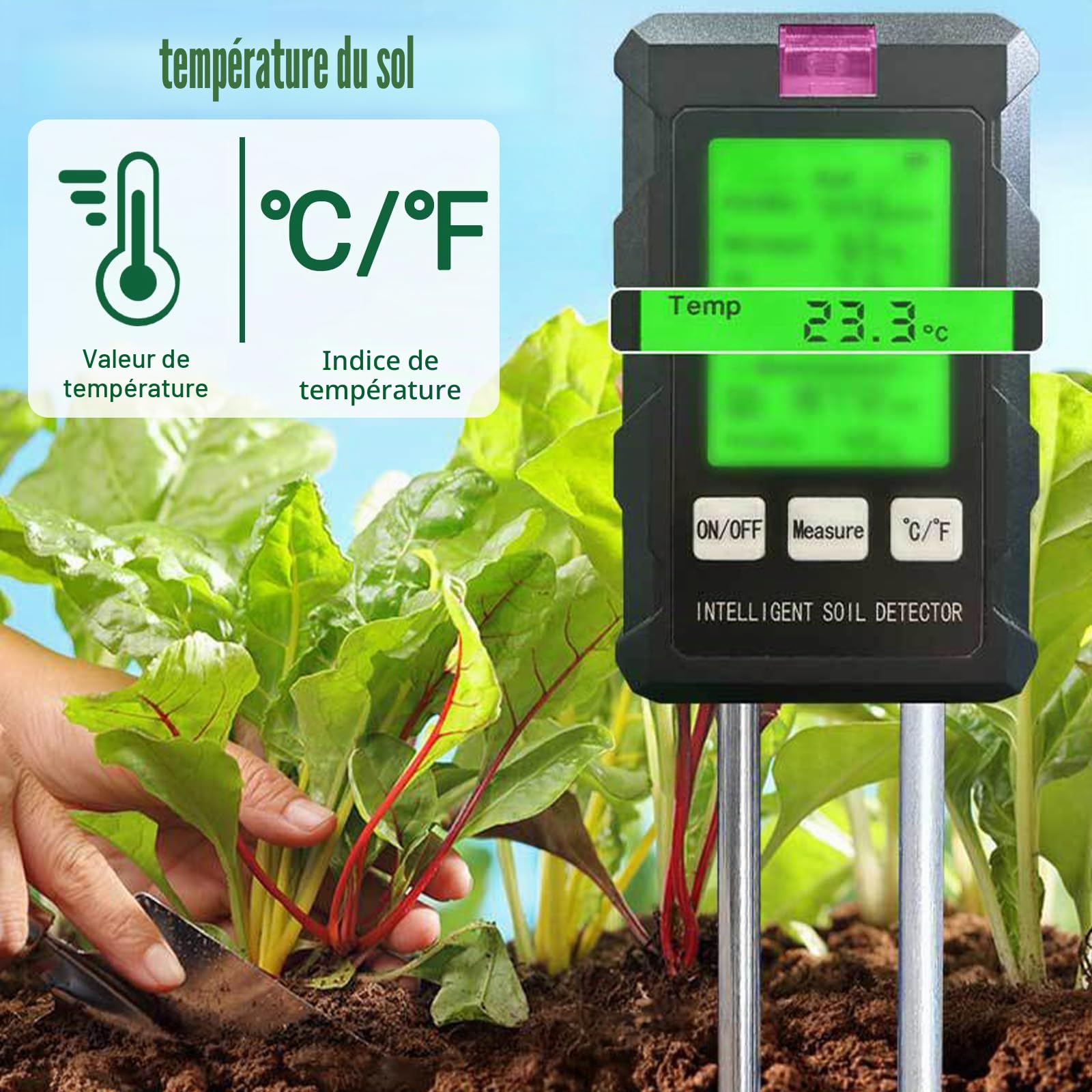 Testeur de pH du Sol 6 en 1, Hygrometre Plante pour Sol/humidité/ph/température/lumière/humidité ambiante, avec Double Sonde et Pliable à 90 ° écran LCD pour jardin pelouse et plantes d'intérieur