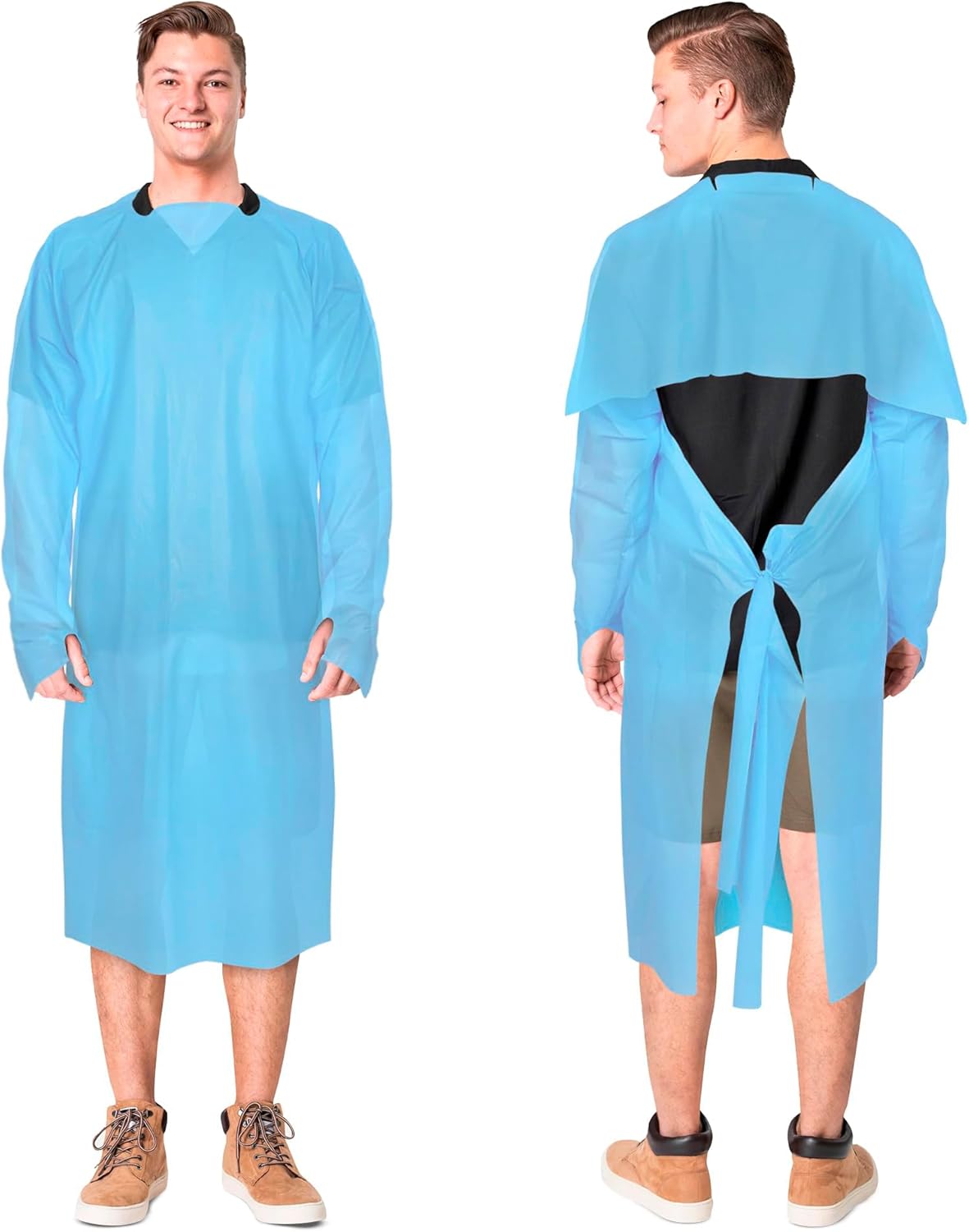AMZ Medical Supply Disposable Polyethylene Gowns, Blue XL, 55 Inch Length, Elastic Wrist, Waist Tie Closure, Lightweight Plastic Coveralls for Cleaning Painting Food Prep, 100 Pack