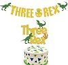 JUYRLE Dinosaur Three Rex Banner and Cake Toppers, 3rd Birthday Banner Young Wild & Three Dinosaur Jungle Jurassic Theme T-Rex 3rd Birthday Decoration Three Rex Party for Boys Girls Kids Children