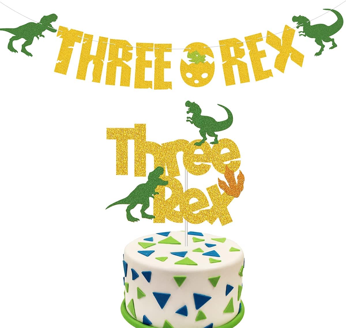 Dinosaur Three Rex Banner and Cake Toppers, 3rd Birthday Banner Young Wild &amp; Three Dinosaur Jungle Jurassic Theme T-Rex 3rd Birthday Decoration