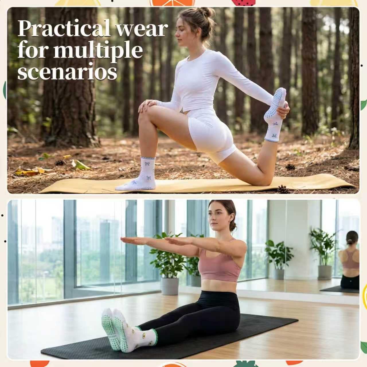 4 Pairs Ruffle Pilates Socks for Women, Non Slip Grip Socks | 4 pairs cute ruffle grip socks with non-slip dots, soft stretch crew fit for Pilates, yoga, barre and home practice.
