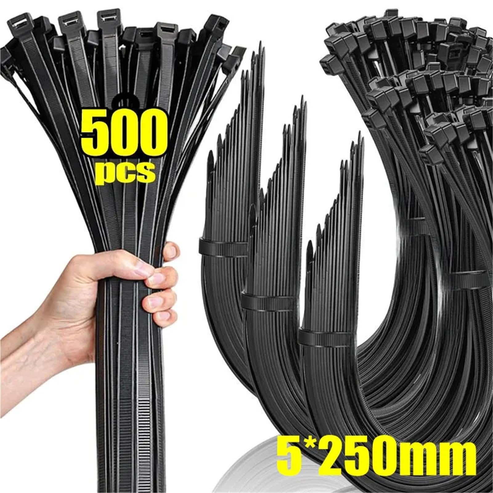500/100 bridas de plástico de nailon con autobloqueo, correas ajustables de sujeción para el hogar, oficina, alambre largo (5 x 250 mm, 500 unidades)