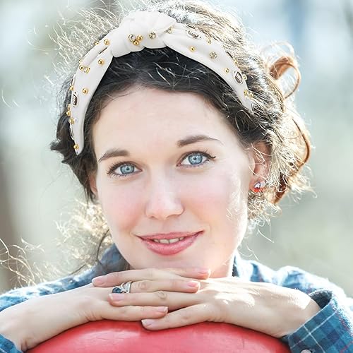 Miniatura 4 de CIEHER Football Headband Wide Knotted Headband for Women Crystal& Pearl Baseball Headband