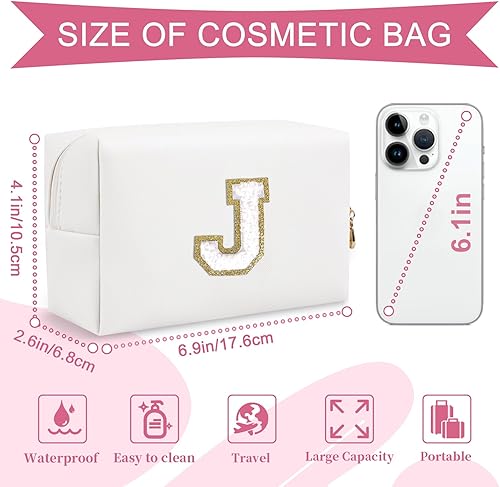 Miniatura 2 de Bolsa de maquillaje personalizada con inicial A-Z, pequeña bolsa de cosméticos de viaje de piel sintética con cremallera, bonita bolsa de aseo