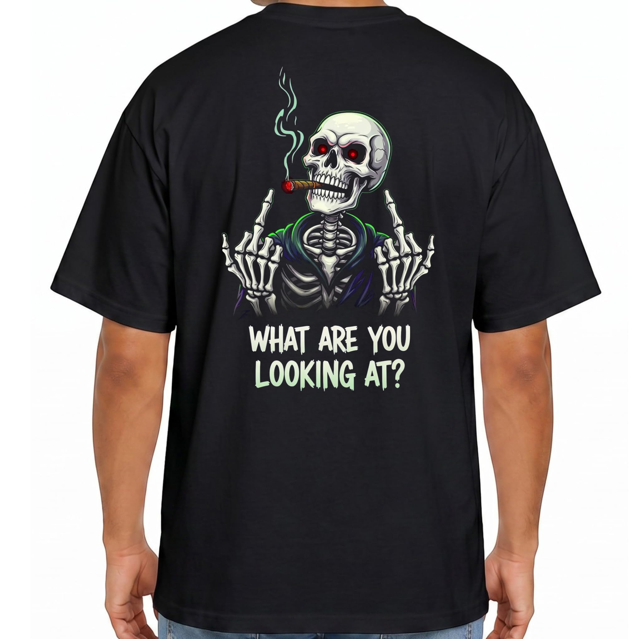 Smoking Skeleton Middle Finger Graphic - Casual Half Sleeve Round Neck Oversized Tshirt-picture-47