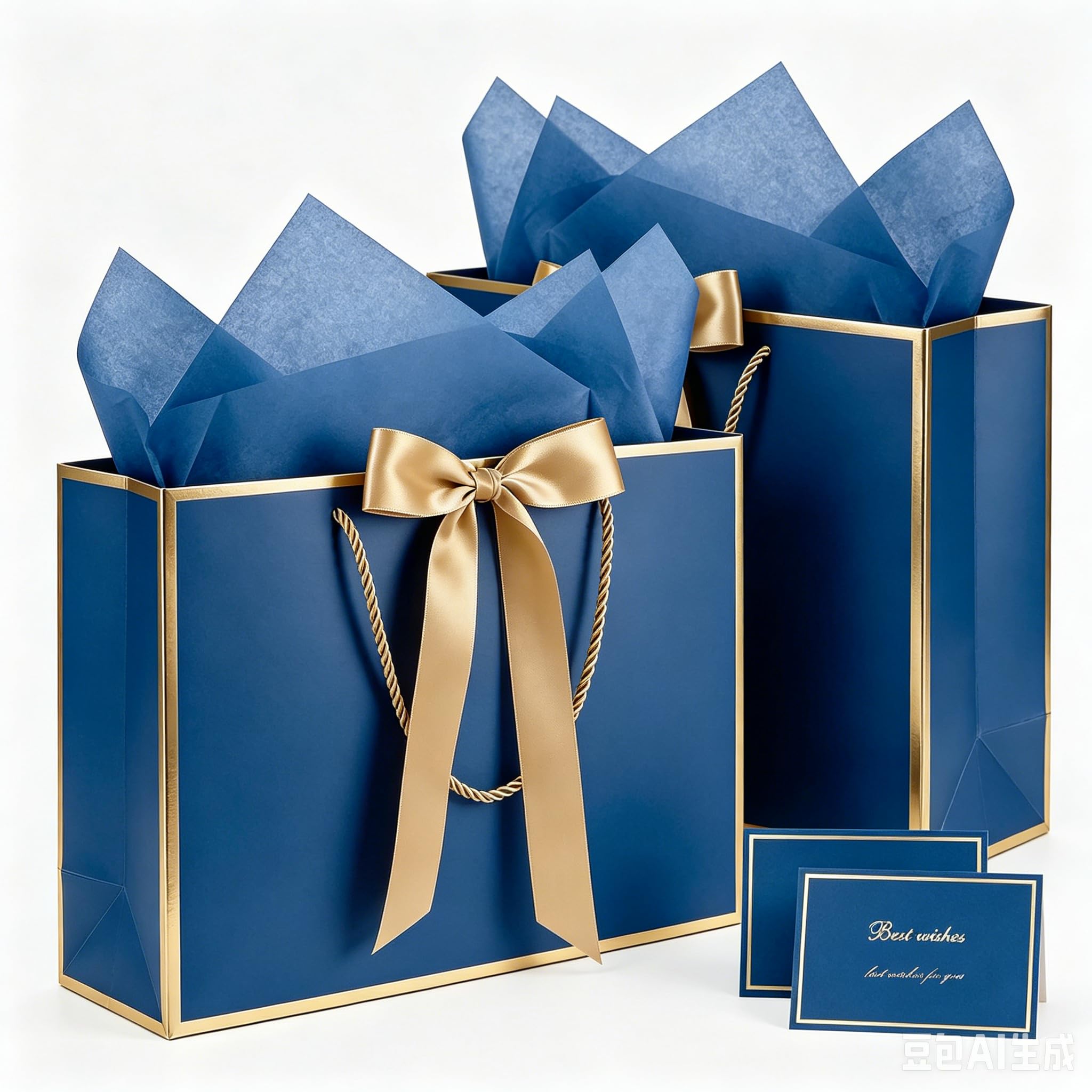 2PCS Gift Bags Set, 12.6×10×4 Inches Large Gift Wrap Bags with Handles 4 Tissue Paper 2 Ribbon 2 Greeting Cards, Cute Present Bag for Wedding Birthday Engagement Party Favor (Blue and Gold)