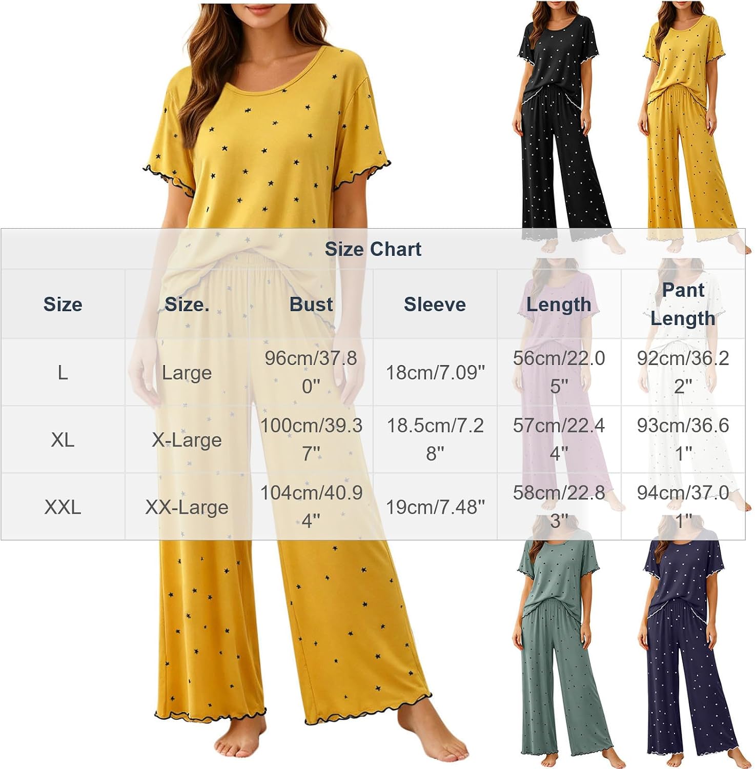 Womens Pajama Set Short Sleeve Crew Wide Leg Pocket | Pajamas for Women Set Crew Neck Sleepswear 2 Piece Short Sleeve PJ Top and Wide Leg Long Pants Loungwear With Pocket