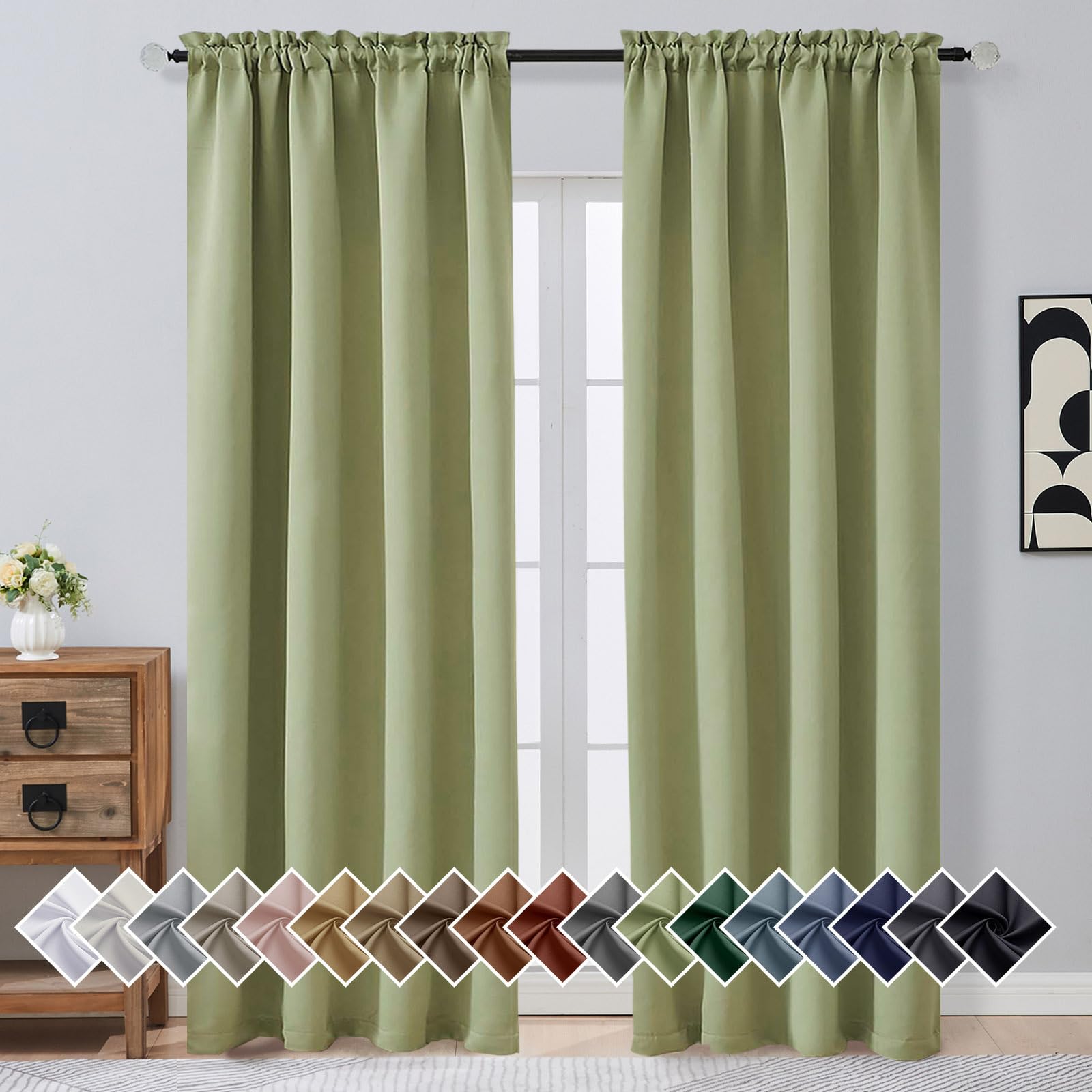 OVZME Sage Green Blackout Curtains for Bedroom 90 Inch Length 2 Panels, Room Darkening Soft Fabric Curtain Panels for Living Room, Modern Window Treatments Dual Rod Pocket Design, 2x50Wx90L Inches