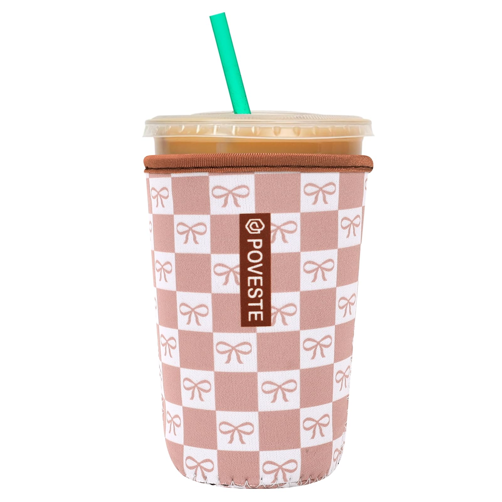 Reusable Neoprene Insulator Sleeve for Iced Coffee &amp; Cold Soda, Coffee Sleeves for Iced &amp; Hot Drinks, Cold Beverage Cooler Compatible with Starbucks, Dunkin (MochCheckerboad&amp;Bow, Medium: 22-24oz)