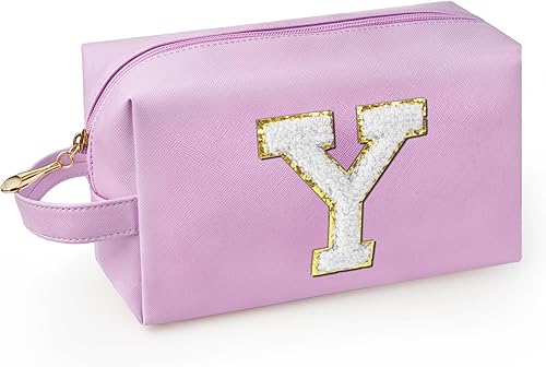 Vista 28 de Bolsa de maquillaje personalizada con inicial y asa, bolsa de cosméticos estilo preppy con bolsillo interior con cremallera, para niñas de 8 a 14