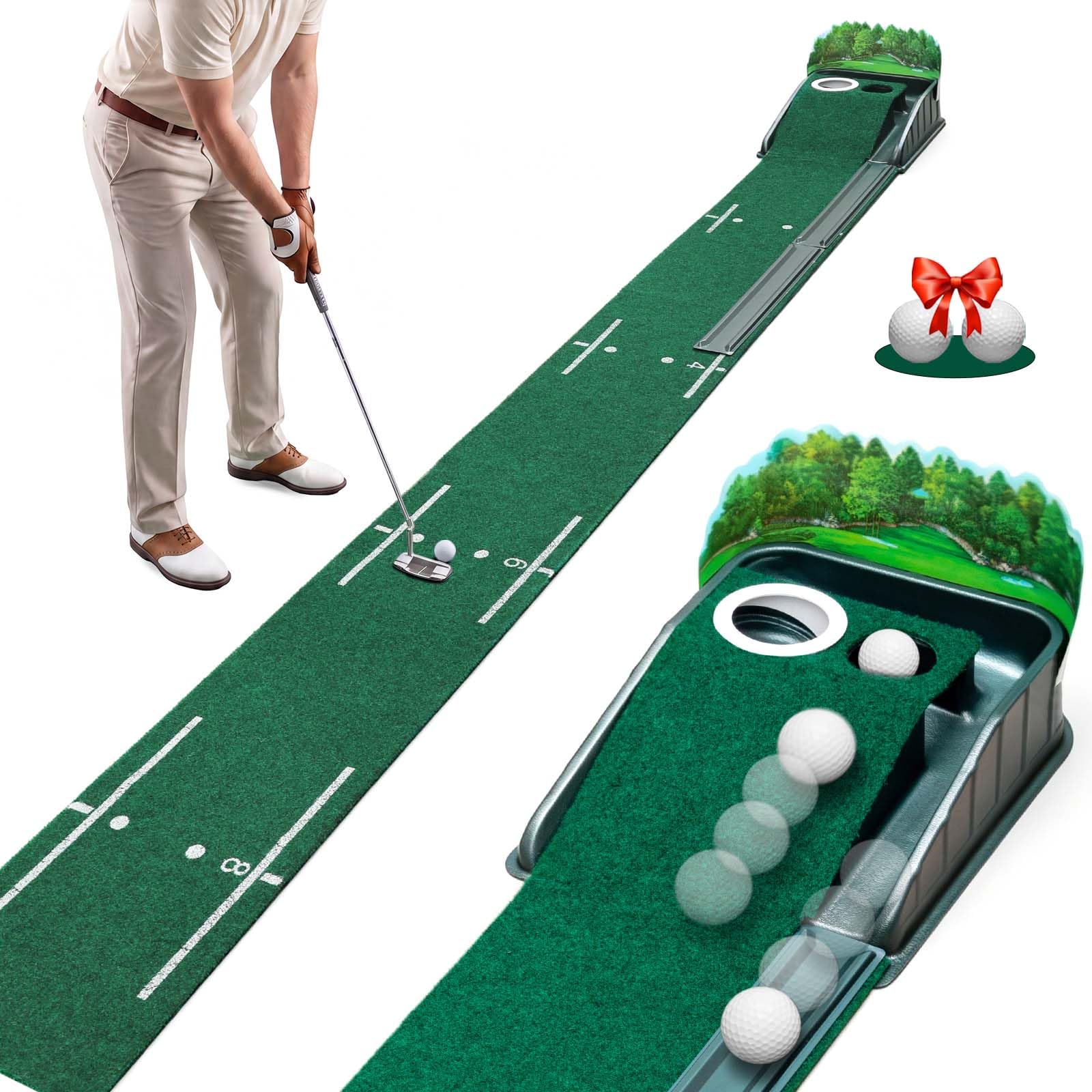Putting Green Indoor – Golf-Putting-Matte mit realistischer grüner Geschwindigkeit, Doppelloch-Präzisions-Golf-Putting-Matte mit automatischer Ballrückführung, 2,4 m Golfmatte für Indoor- und