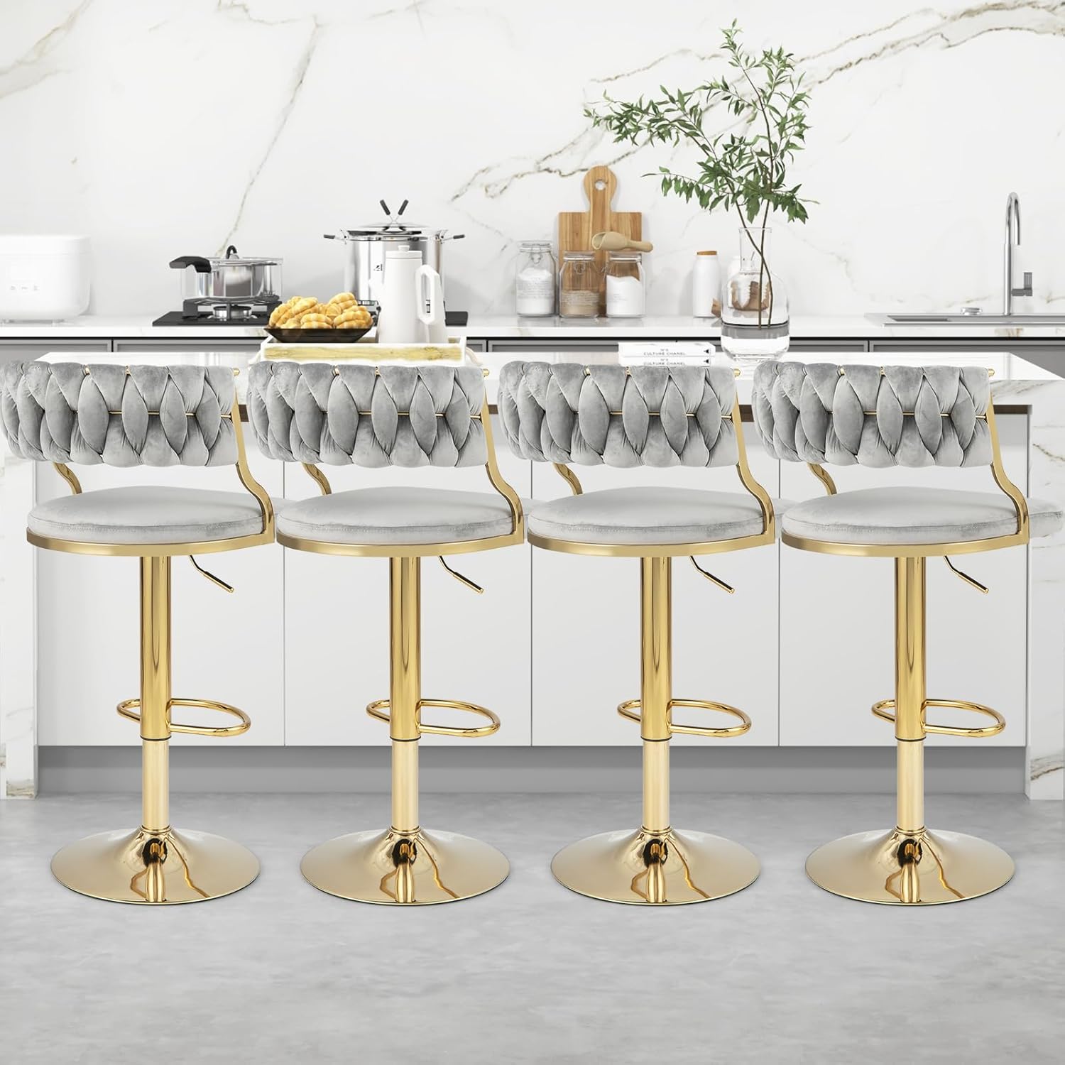 Giantex Swivel Adjustable Height Bar Stools Set of 4 Grey, Open-Back Velvet Barstools with Elegant Woven Back, Max Load 400 Lbs, 360° Swivel Bar Dining Chairs for Kitchen Island Pub