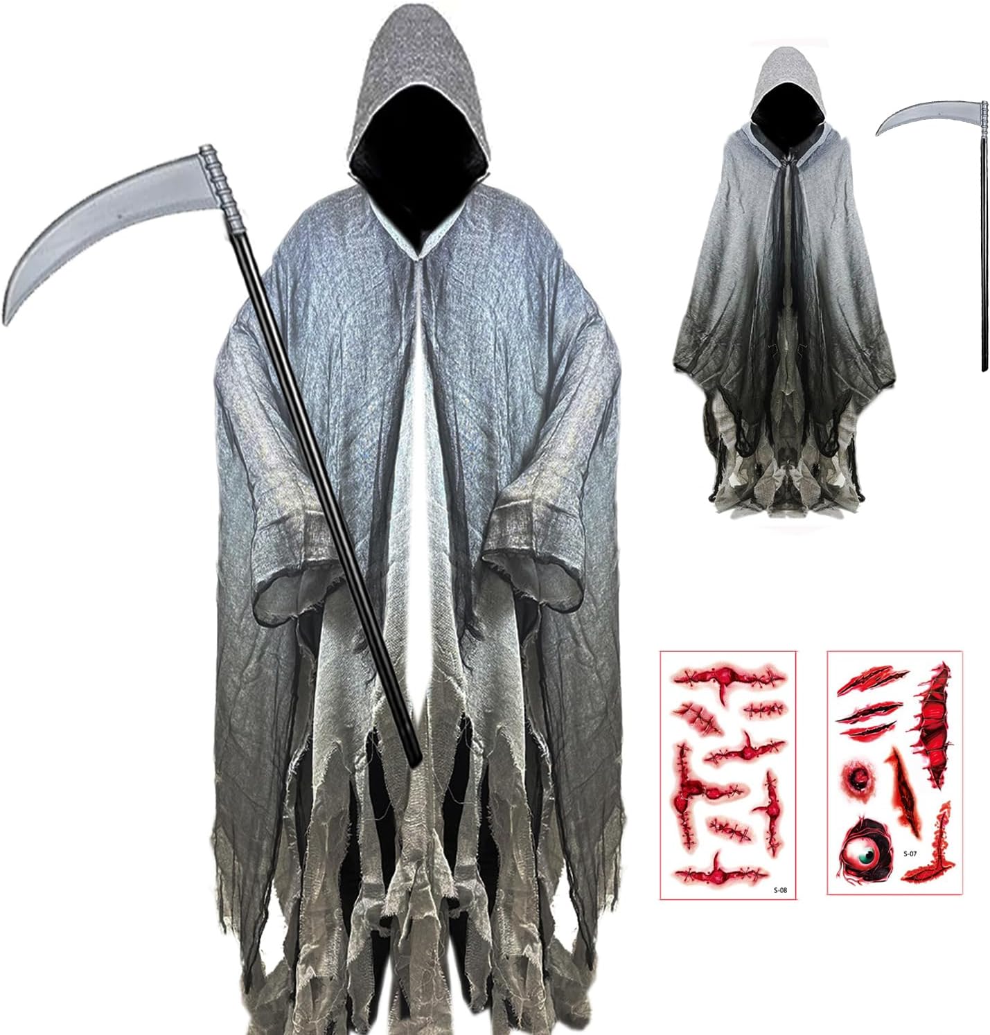 Hood Cloak with Sickle,Tattoo Sticker Ghost Grim Wizard Cape Devil Reaper Robe Cosplay Costume Adult Teens Party Props