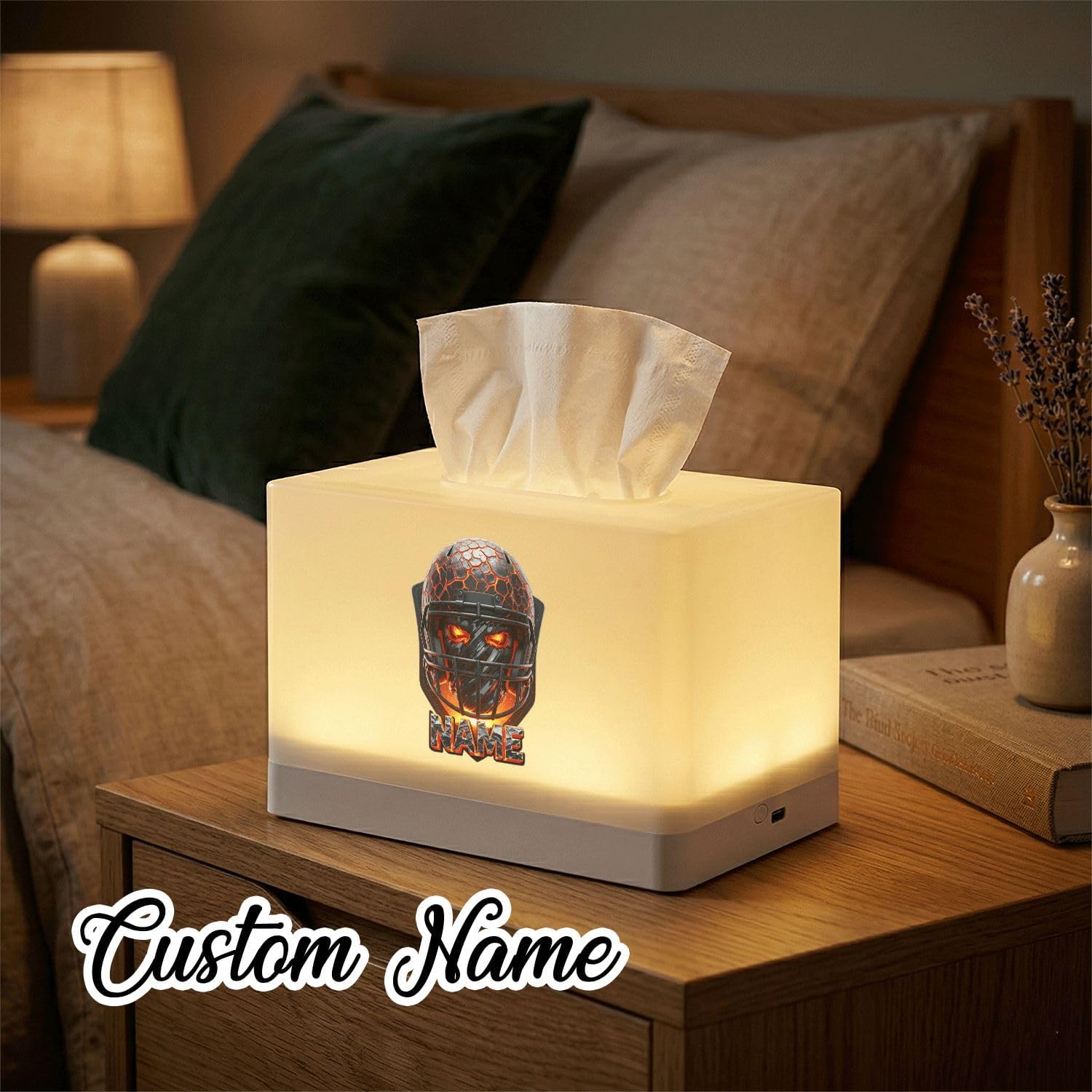 Glowing Football Helmet Tissue Box Holder with Custom Name, Rechargeable LED Bedside Lamp for Boys Room image 4