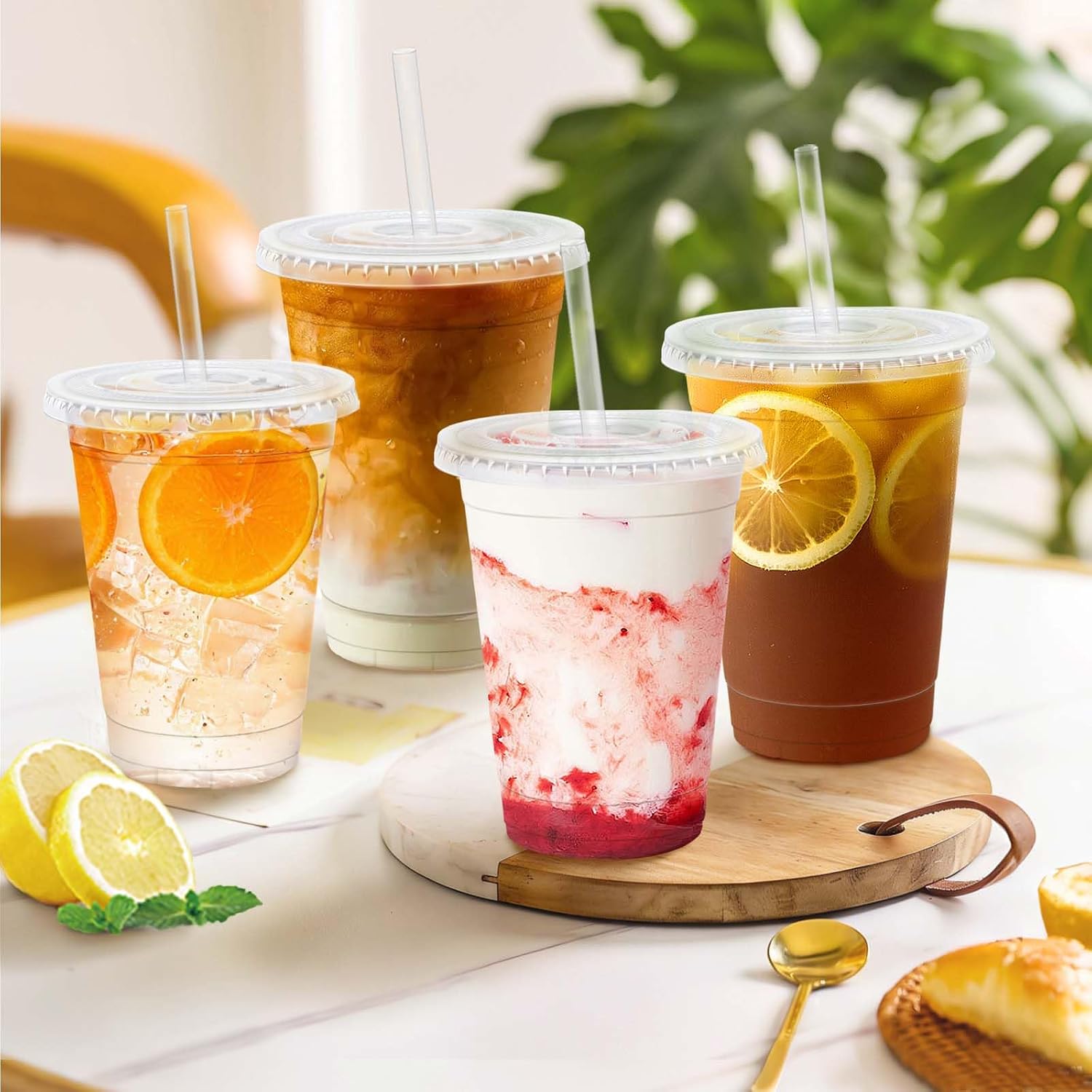 Clawsoff 100 Pack 16 oz Plastic Cups with Lids and Straws, Disposable Clear Coffee Cups with Lids, Sturdy To Go Cups for Iced Coffee, Smoothies, Milkshake, Cold Drinks