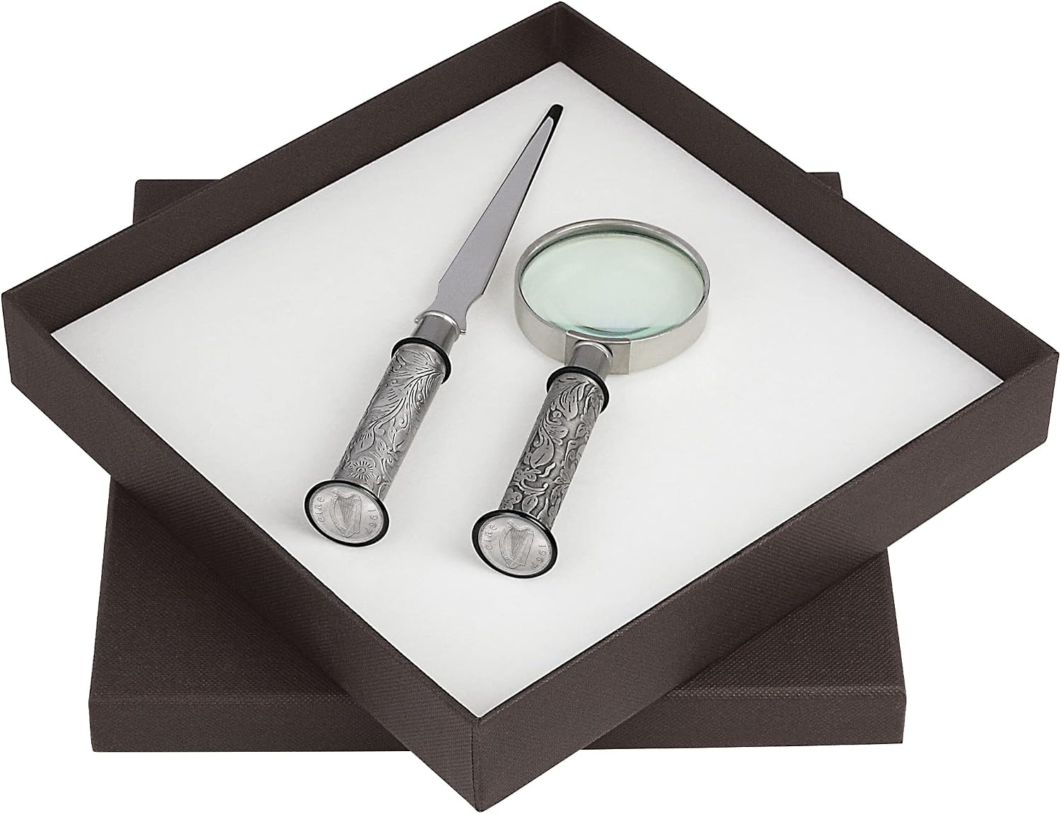 American Coin Treasures Coin Letter Opener & Magnifying Glass Irish Threepence- Antiqued Silvertone Brass Handle Gift Set-Genuine Ireland Coin