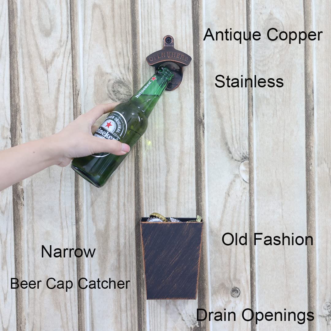 Juego de 2 abrebotellas de cerveza de cobre inoxidable envejecido, para exteriores, montaje en pared y tapa estrecha de acero inoxidable