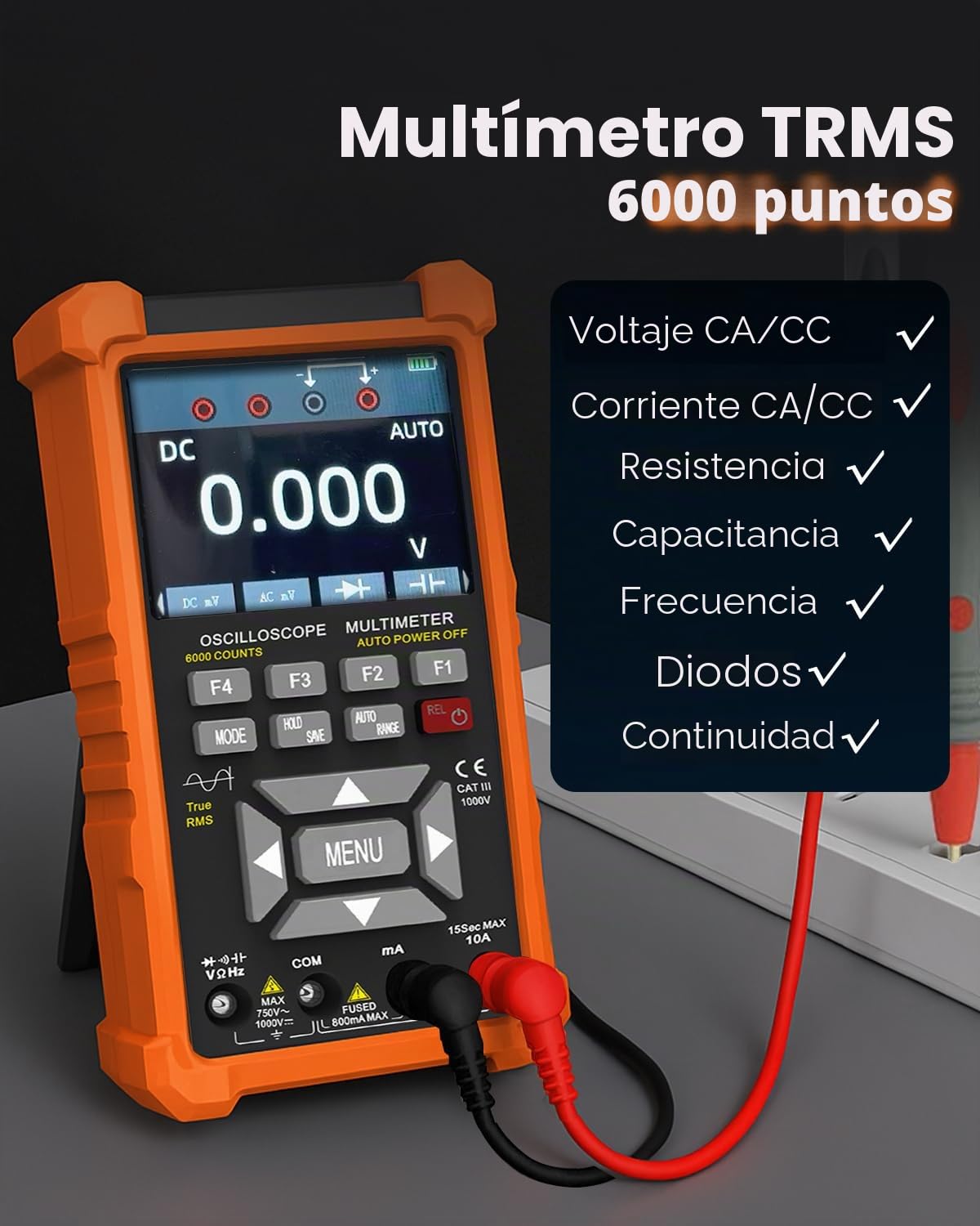 Osciloscopio multímetro, osciloscopio 3 en 1, 2 canales, ancho de banda de 50 MHz, 280 MSa/s, TRMS 6000 Count, generador de señal 13 formas de onda de señal, modo automático/normal/único para