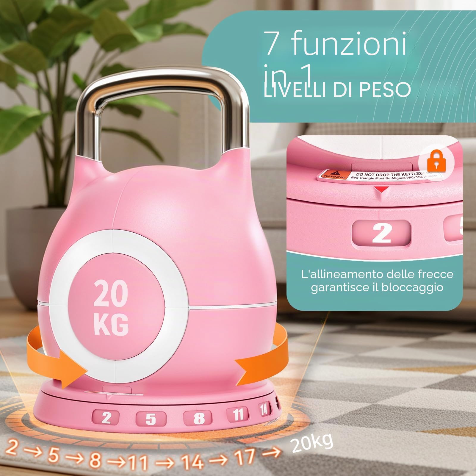 Kettlebell Regolabile 7 in 1, 20 kg Kettlebell con 7 Livelli di Peso, Manubrio per Allenamento a Casa & Fitness, Ideale per Allenamento Completo del Corpo, Compatto & Salvaspazio (Nero, 20KG)