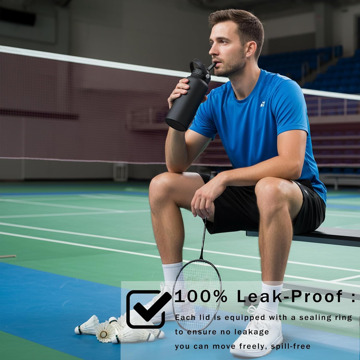 Black 32 oz Insulated Water Bottle, Large Metal Stainless Steel Water Flask, Big Sports Travel Mens Water Bottle for Gym,Hiking,1 liters Leakproof Insulated Thermal Bottle with 2 Lids - Image 2