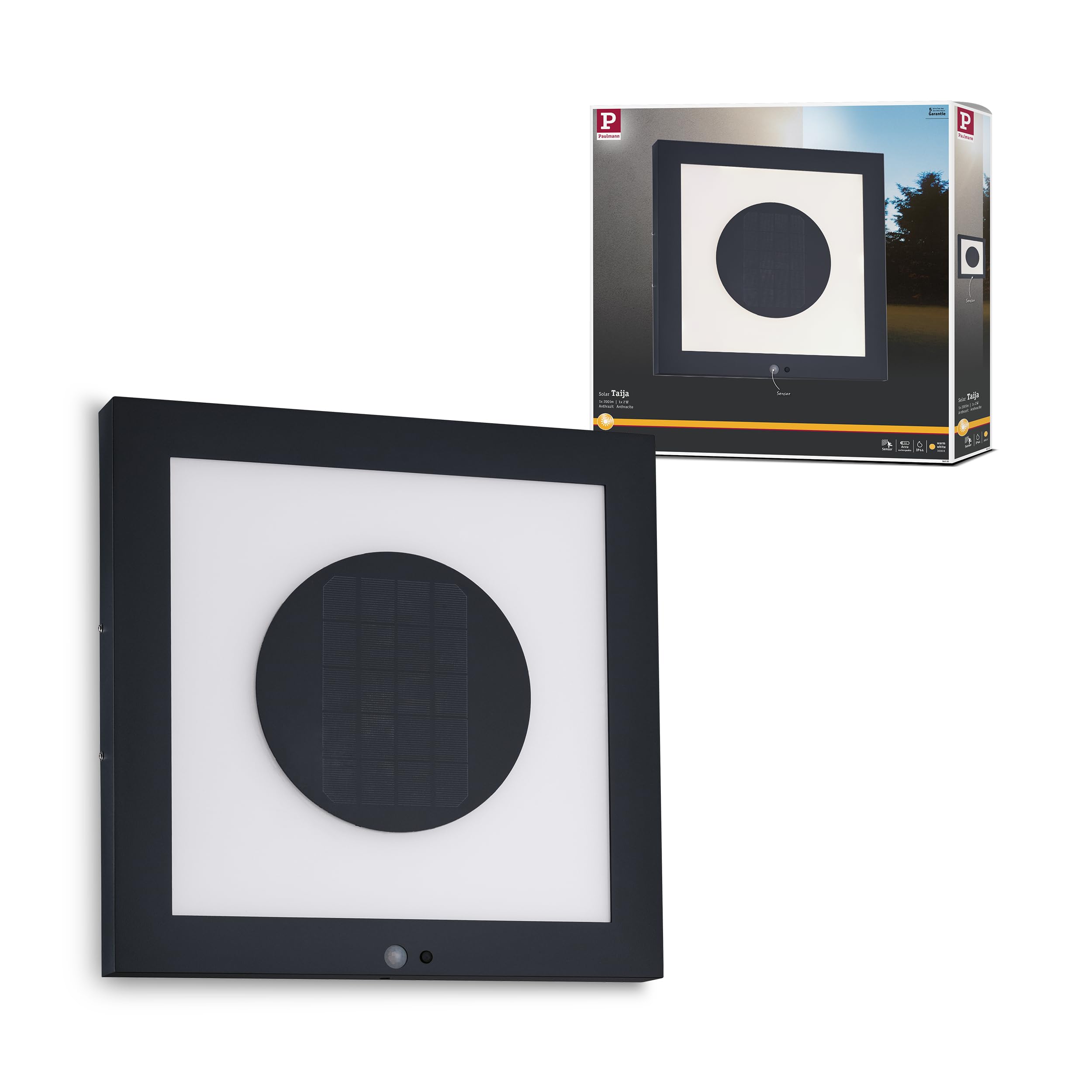 Paulmann 94310 LED Panel Taija IP44 400 x 400 200 lm Motion Sensor Square incl. 1 x 2 Watt Light Anthracite Solar Metal 3000 K, Charcoal