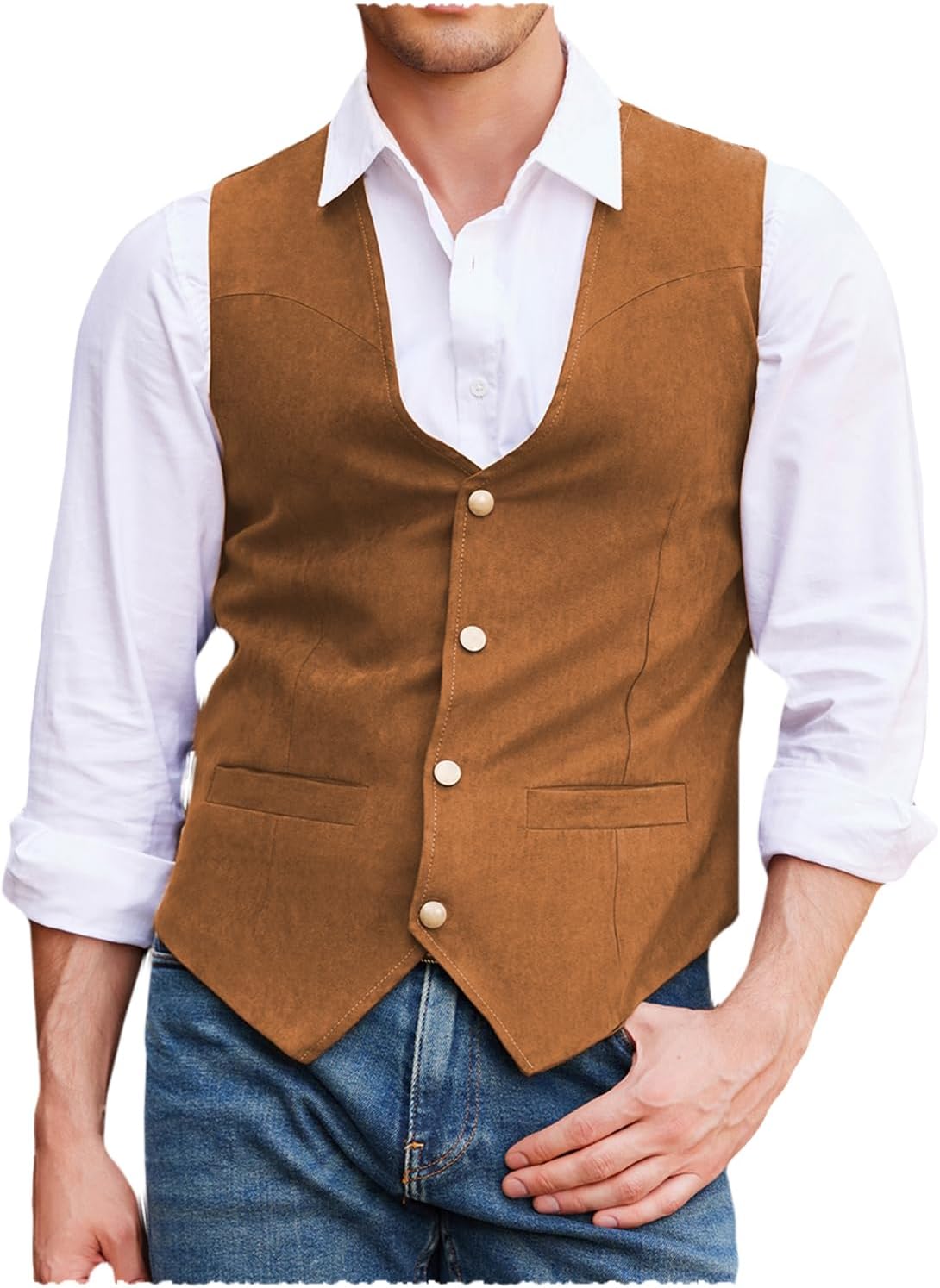Garqia Clyon Men's Suede Vest Western Cowboy Waistcoat V-Neck Vest