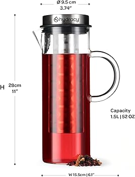 Hydracy Cafetera y Tetera - Jarra de Vidrio de 1,5L - Bebidas Frías y Calientes - Tapa y Filtro de Acero Inoxidable - Tubo Adicional para Infusiones de Frutas - Apto para Lavavajillas1