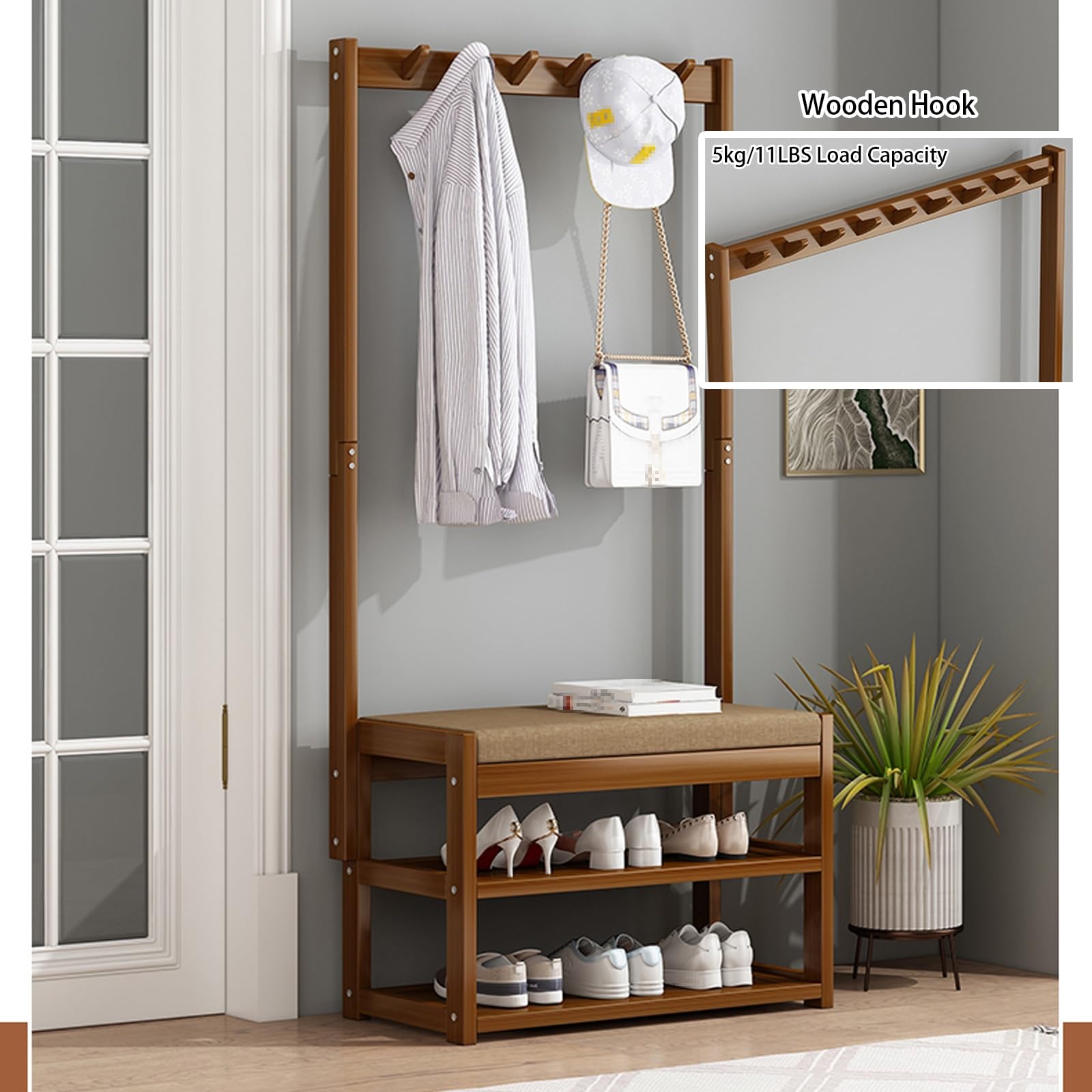 Perchero Recibidor Multifuncional Mueble Recibidor con Doble Espacio de Almacenamiento y Cojín Suave Perchero con Banco con 5 a 9 Ganchos para Entrada y Pasillo (50 cm/20in)