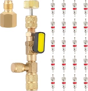 Valve Core Remover Installer Tool, with Dual Size SAE 1/4 and 5/16 Port Brass Adapter AC Refrigeration Schrader Tool HVAC Valve Removal Tool with 20pcs Valve Cores for R22 R410A Refrigerant Systems