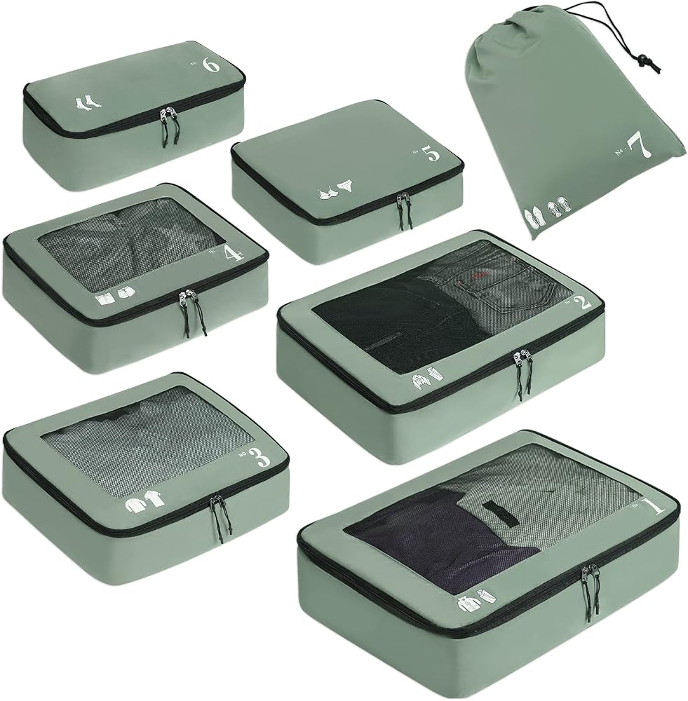 ECOHUB Organizer Valigie 7 Pezzi Set Packing Cubes Kit Viaggio PET Ecologico Accessori da Viaggio Organizer Viaggio Salvaspazio Porta Scarpe da Viaggio Organizer Zaino (Verde)