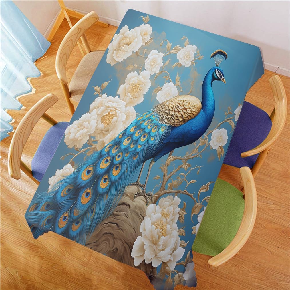 Fantasy Peacock Rectangle Table Cloth, Beautiful Flower Elegant Animal Pattern Tablecloth Waterproof Wrinkle Resistant Table Cover for Kitchen Dining Room Decoration 60Wx84L Inch