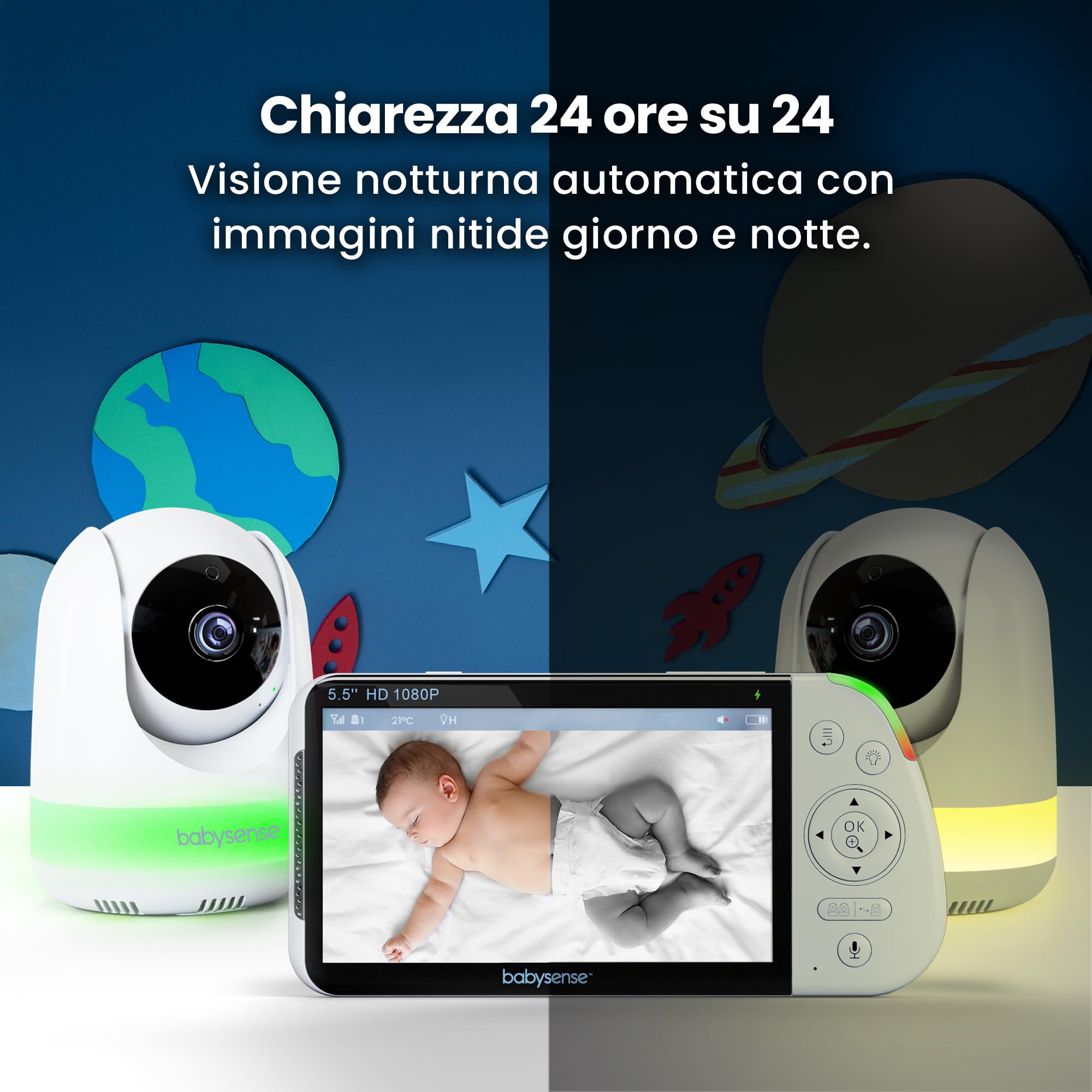 Babysense Babyphone Full HD con schermo diviso a 2 camere, luce notturna a 6 colori, rilevatore di rumori e luci, batteria da 20 ore, connessione sicura senza WLAN
