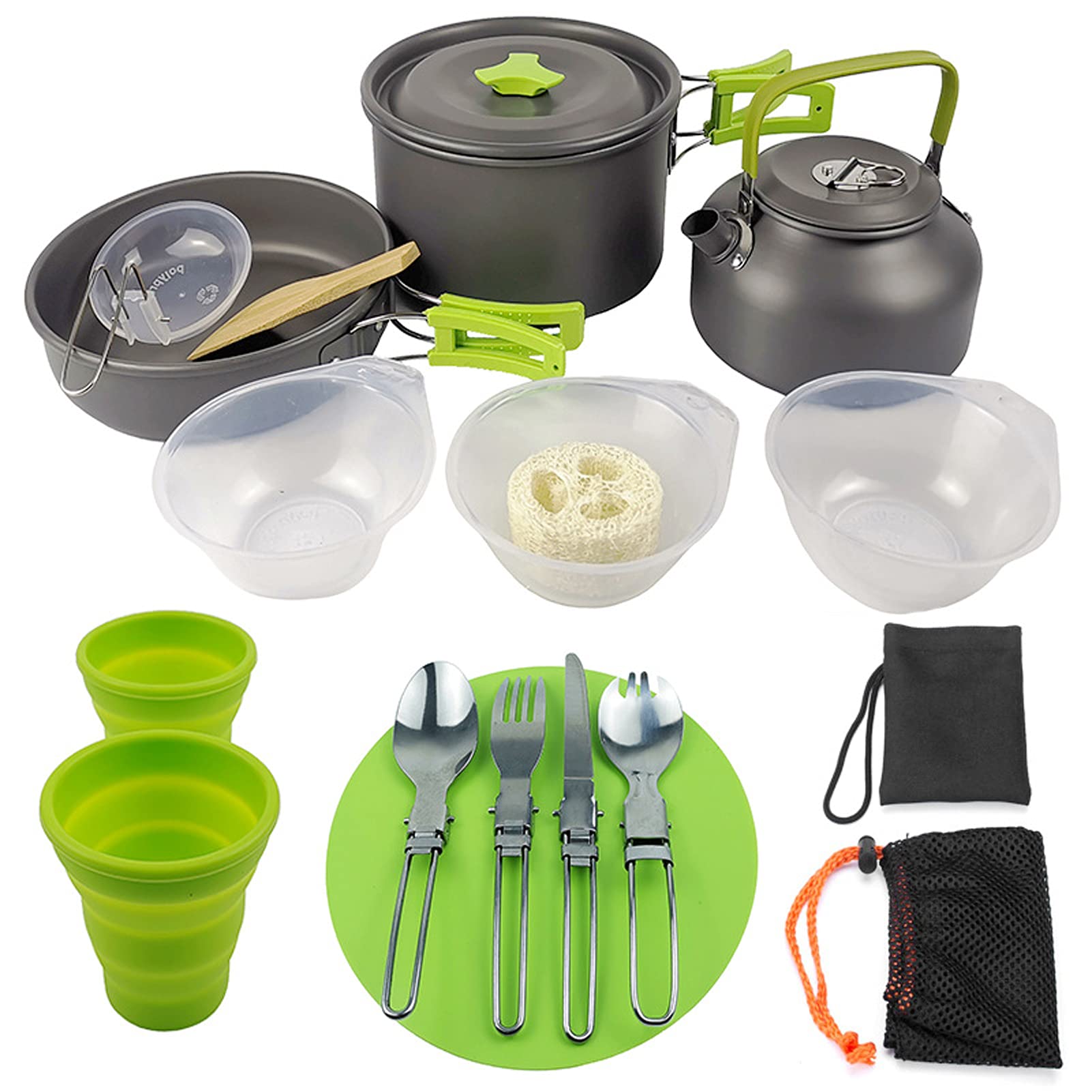 Camping Conjunto Aluminio Camping Kit Utensilios De Cocina para 2-3 Personas, Pan Parrilla Al Aire Libre Portátil Hervidor De Estufa para Picnic Trekking Y Senderism Green-One Size